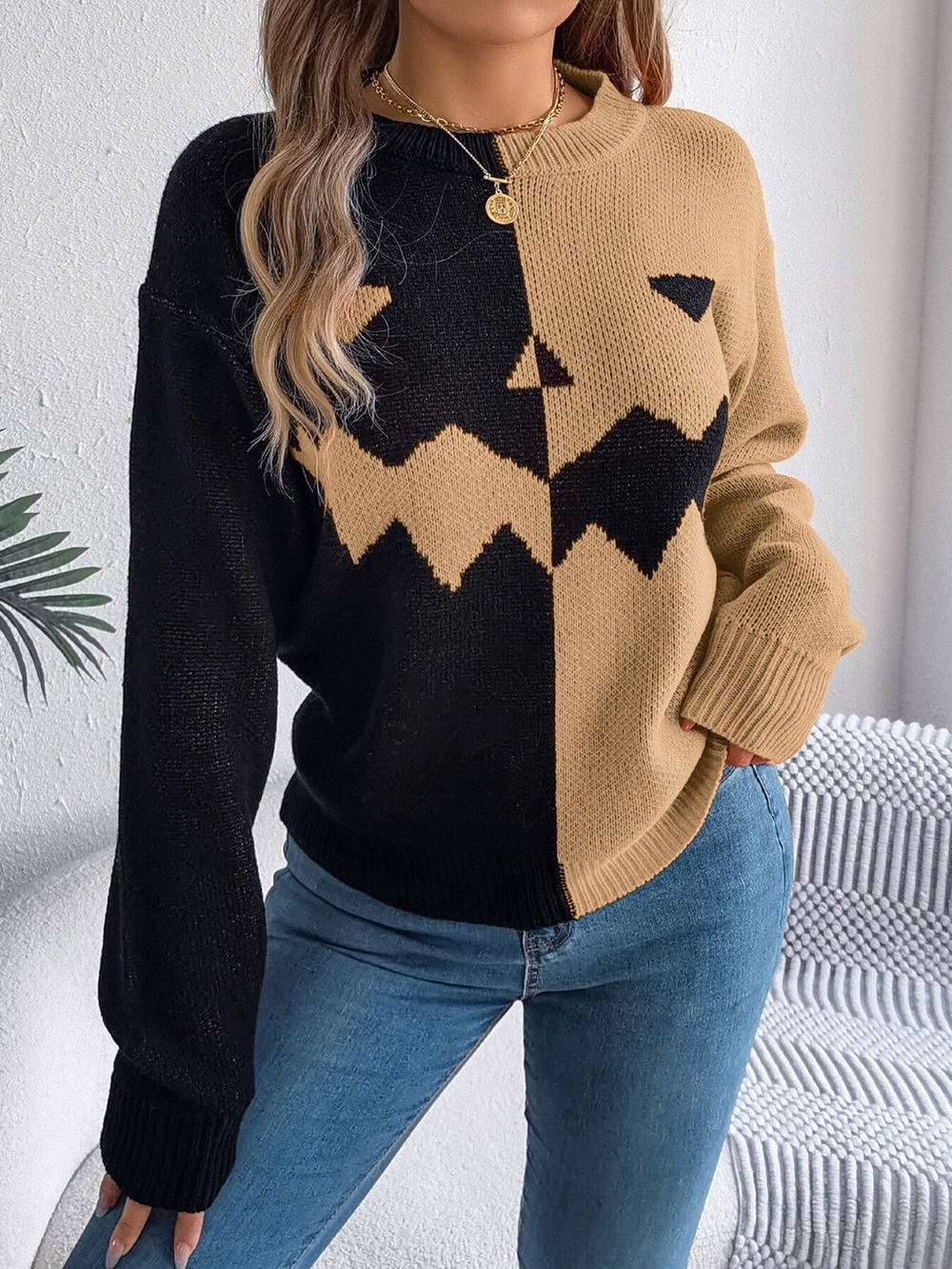 Pumpkin Face Graphic Two Tone Sweater